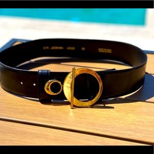 Authentic St. John black leather belt with gold hardware